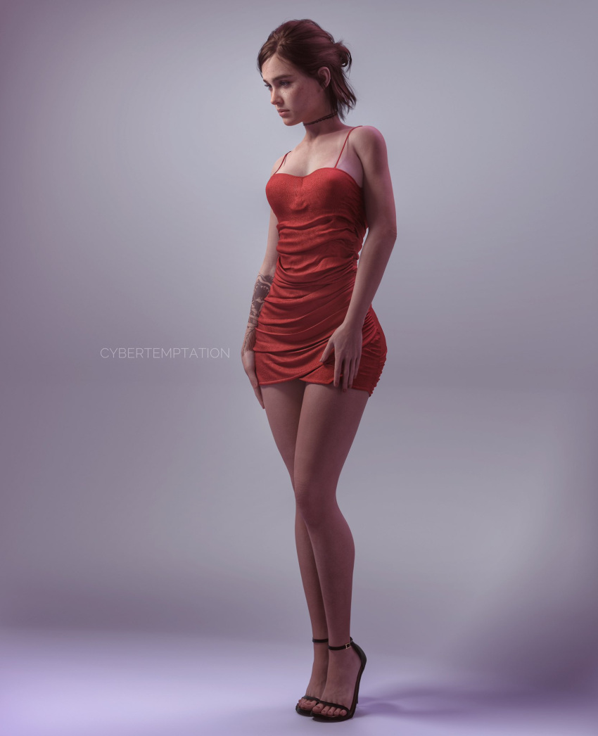 1girl 3d absurd_res bare_arms bare_legs bare_shoulders bare_thighs breasts brown_hair choker cleavage dress ellie_(the_last_of_us) female_only freckles high_heels highres medium_breasts naughty_dog nipple_bulge no_bra non-web_source red_dress shoes short_dress short_hair simple_background solo solo_female solo_focus tattoo the_last_of_us the_last_of_us_2 toeless_footwear
