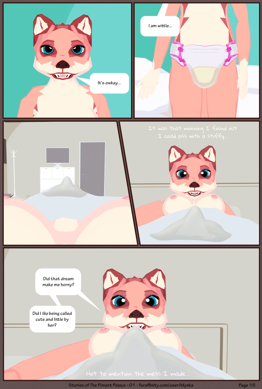 3d_(artwork) anthro bed bed_wetting bedroom bodily_fluids breasts canid canine clothing comic dialogue diaper digital_media_(artwork) dream english_text erection erection_under_blanket first_person_view fox furniture genital_fluids genitals gynomorph hi_res implied_pee infantilism intersex looking_at_genitalia looking_at_own_penis looking_at_penis looking_at_self mammal mynka nipples nude on_bed peeing penis raelynn_(mynka) speech_bubble tenting text trans_(lore) trans_woman_(lore) under_covers underwear uniform urine waking_up watersports wearing_diaper wet_diaper wetting