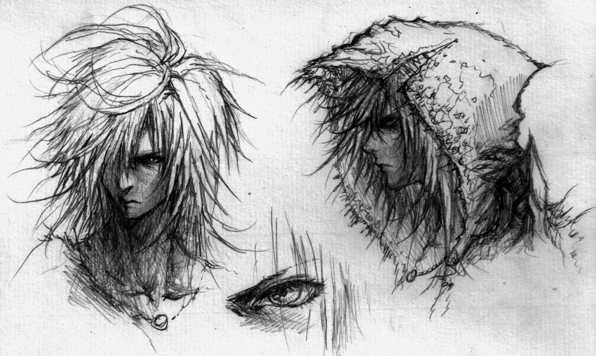 1boy blackmaterial closed_mouth frown greyscale hair_over_eyes hatching_(texture) highres hood hood_up jewelry male_focus medium_hair messy_hair monochrome multiple_views necklace profile sketch torn torn_clothes traditional_media yukineon