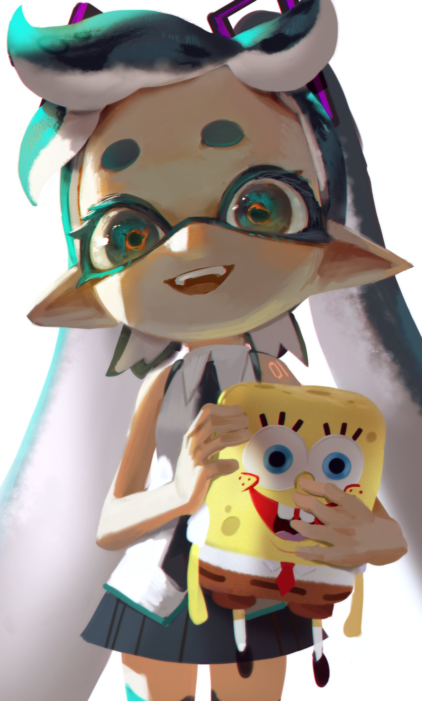 1girl :d absurdres bangs blunt_bangs character_doll highres holding inkling pointy_ears shirt simple_background skirt smile splatoon_(series) spongebob_squarepants spongebob_squarepants_(character) standing teeth tentacle_hair topdylan upper_teeth white_background