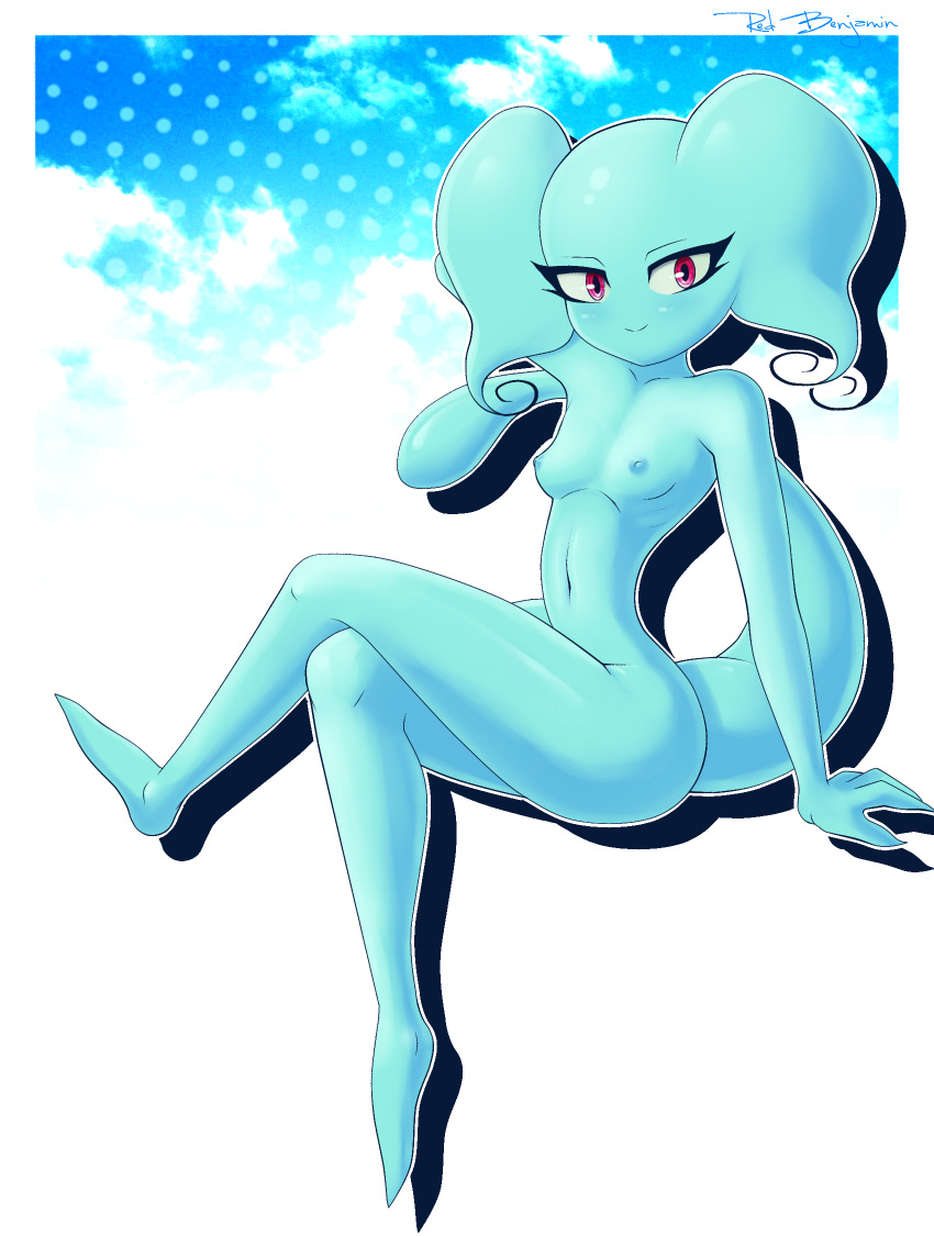 alien big_ears blue_body blue_nipples breasts butt crossed_legs crossgender earthbound_(series) eyelashes featureless_feet female giygas hand_behind_head hi_res humanoid looking_at_viewer navel nintendo nipples not_furry nude pose red_eyes ribs sirredbenjamin skinny small_breasts small_waist smile solo video_games