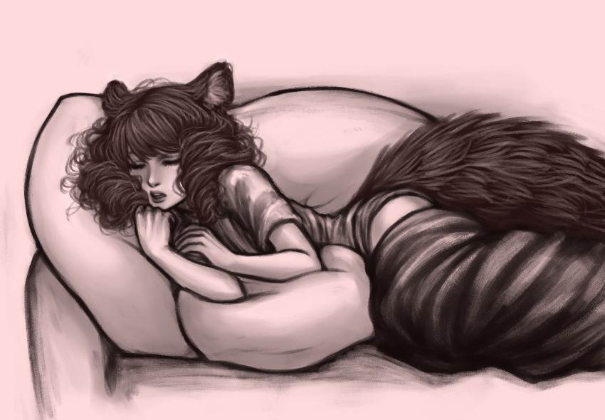 animal_humanoid bedding blanket casimira_(orannis0) clothing drill_curls female fluffy fluffy_tail furniture hair humanoid mammal mammal_humanoid napping pillow rodent rodent_humanoid sciurid sciurid_humanoid shirt sleeping sofa solo squirrel_humanoid suumunster t-shirt topwear