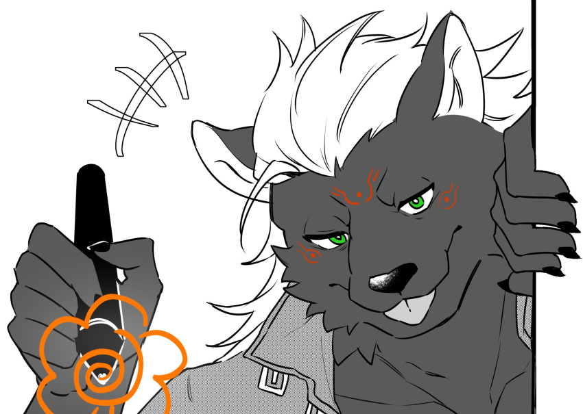 anthro blep drawing drawing_on_screen hi_res hyaenid lifewonders male mammal marker mohawk neilsuzian nyarlathotep_(housamo) solo tokyo_afterschool_summoners tongue tongue_out video_games