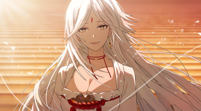 1girl bangs bisque character_request dress earrings facial_mark film_grain forehead_mark japanese_clothes jewelry light_rays long_hair long_sleeves looking_at_viewer onmyoji parted_bangs smile solo star_(symbol) star_earrings string string_choker sunlight sunset upper_body white_dress white_hair yellow_eyes