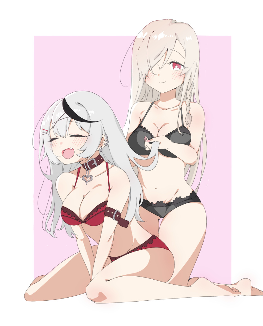 2girls bangs black_bra black_panties blonde_hair blush bra braid breasts cleavage collar commentary commission earrings fang g36c_(girls'_frontline) girls'_frontline grey_hair griffin_&amp;_kryuger hair_ornament hair_over_one_eye highres hololive holox jewelry kneeling large_breasts long_hair multicolored_hair multiple_girls open_mouth panties red_bra red_eyes red_panties sakamata_chloe side_braid simple_background sirakamisumire sitting skeb_commission smile stomach streaked_hair underwear underwear_only very_long_hair virtual_youtuber wariza x_hair_ornament