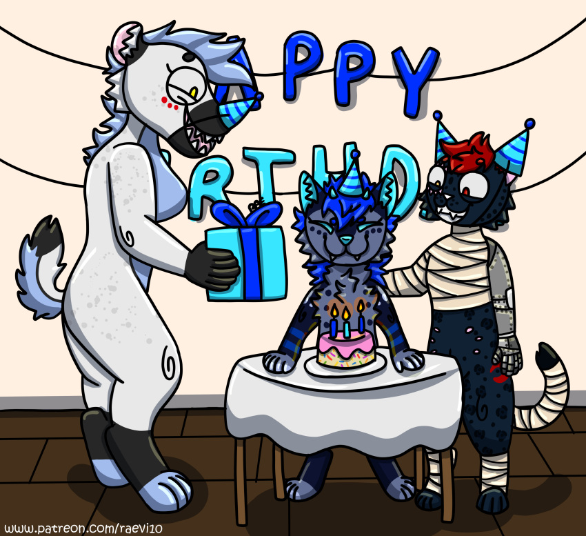 absurd_res banner birthday birthday_cake black_footed_cat cake canid canine canis celebration dessert domestic_cat felid feline felis food furniture hi_res hyaenid kiggy mammal party raevi10 scottish_fold table ween wolf