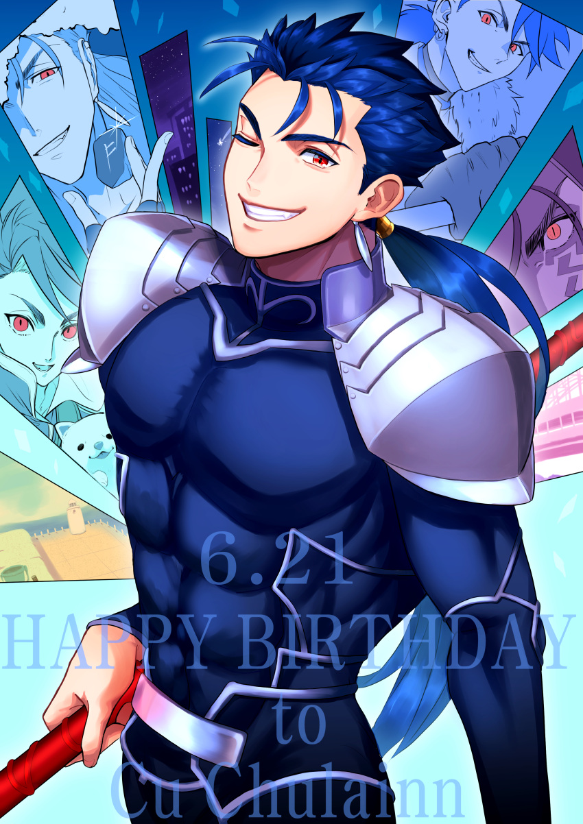 5boys absurdres armor blue_bodysuit blue_hair bodysuit character_name close-up cu_chulainn_(caster)_(fate) cu_chulainn_(fate) cu_chulainn_(fate/prototype) cu_chulainn_(fate/stay_night) cu_chulainn_alter_(fate) dog earrings facial_mark fate/grand_order fate_(series) gae_bolg_(fate) grin hair_strand happy_birthday highres hourinoki jewelry long_hair low_ponytail male_focus multiple_boys muscular muscular_male one_eye_closed ponytail red_eyes runes setanta_(fate) shoulder_armor smile