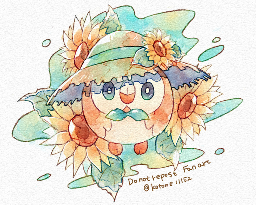 bird bright_pupils closed_mouth commentary_request flower green_eyes hat hat_flower highres kotone11152 looking_at_viewer no_humans pokemon pokemon_(creature) rowlet solo sunflower twitter_username white_pupils