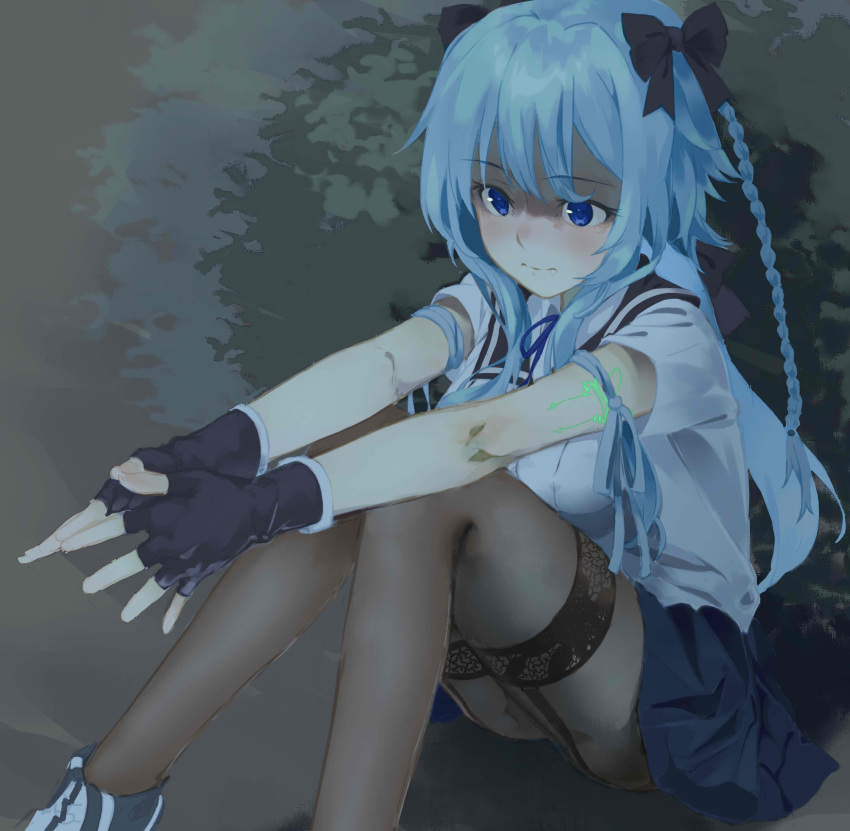 1girl a.k.a.zkin absurdres arm_ribbon arm_tattoo arms_on_knees assault_lily bangs black_bow black_footwear black_gloves black_sailor_collar blue_eyes blue_hair blue_ribbon blue_skirt bow braid breasts brown_pantyhose bush closed_mouth collared_shirt commentary fang fang_out feet_out_of_frame fingerless_gloves garter_straps gloves grey_ribbon hair_between_eyes hair_bow hands_up highres knees_together_feet_apart knees_up long_hair looking_away medium_breasts miniskirt mori_tatsuki neck_ribbon on_ground outdoors outstretched_arms pantyhose ribbon sailor_collar school_uniform serafuku shirt shoes short_sleeves sidelocks sitting skirt solo tattoo thighband_pantyhose twin_braids two-tone_footwear white_footwear white_shirt