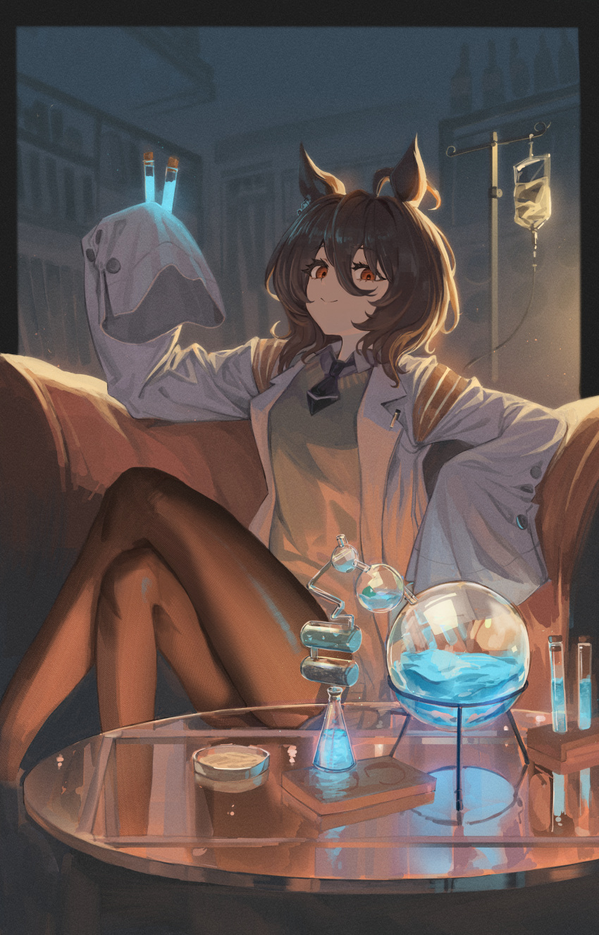 1girl absurdres agnes_tachyon_(umamusume) animal_ears ascot bangs black_ascot brown_hair closed_mouth crossed_legs erlenmeyer_flask flask highres holding holding_test_tube horse_ears horse_girl indoors iv_stand labcoat looking_at_viewer mia_(39565899) pantyhose red_eyes sleeves_past_fingers sleeves_past_wrists smile solo sweater table test_tube umamusume yellow_sweater