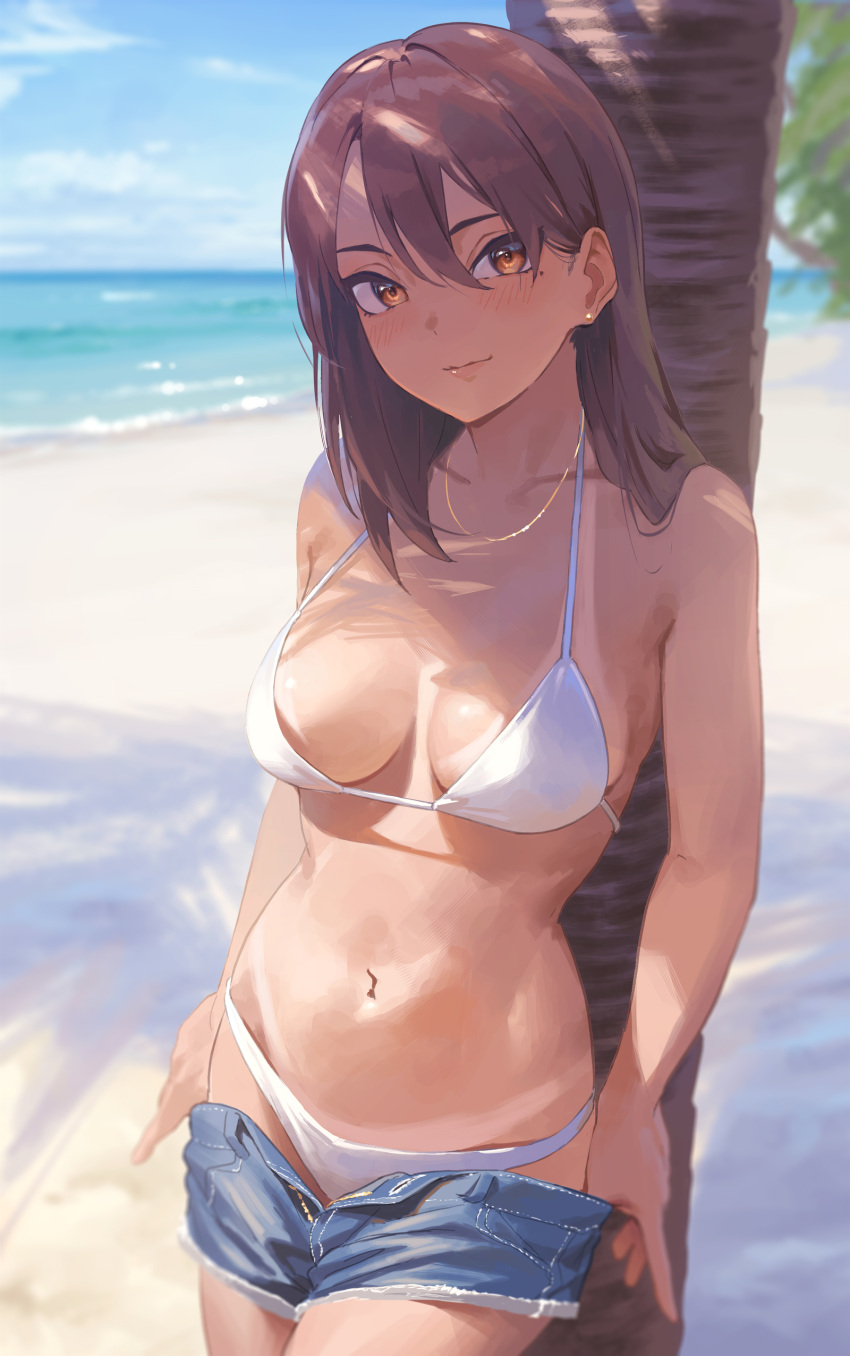 1girl absurdres bare_arms bare_shoulders beach bikini bikini_under_clothes blue_shorts blue_sky breasts breasts_apart brown_hair closed_mouth day denim denim_shorts hair_between_eyes halterneck highres jewelry kinta_(distortion) long_hair looking_at_viewer medium_breasts midriff mole mole_under_eye navel necklace ocean open_fly orange_eyes original outdoors sand short_shorts shorts sky smile solo standing stomach string_bikini swimsuit tan tanlines tree tree_shade undressing water white_bikini