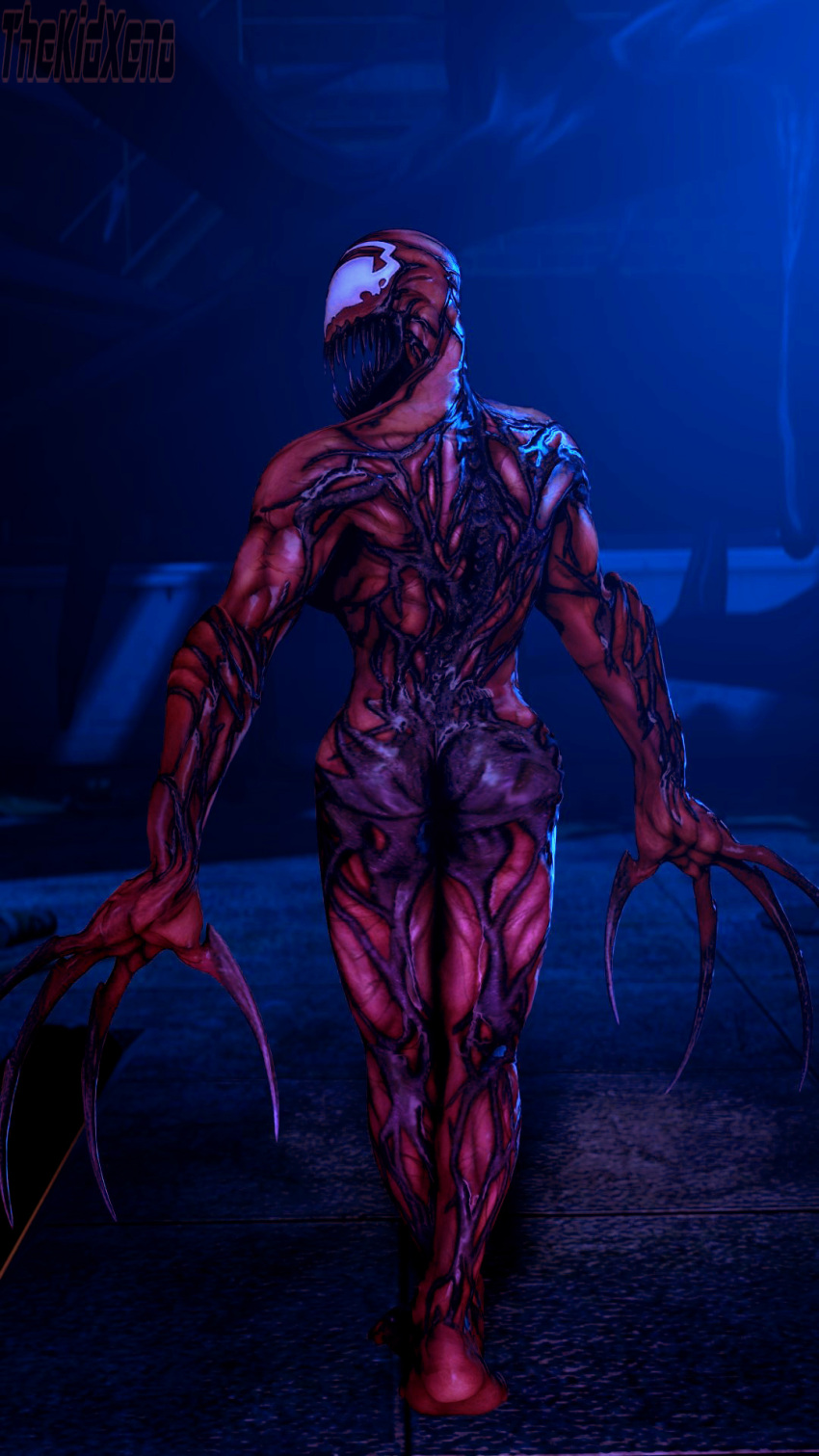 3d_(artwork) alien black_body breasts butt carnage_(marvel) claws detailed_background digital_media_(artwork) fangs female hi_res humanoid marvel multicolored_body open_mouth red_body solo symbiote teratophilia thekidxeno thick_thighs two_tone_body white_eyes