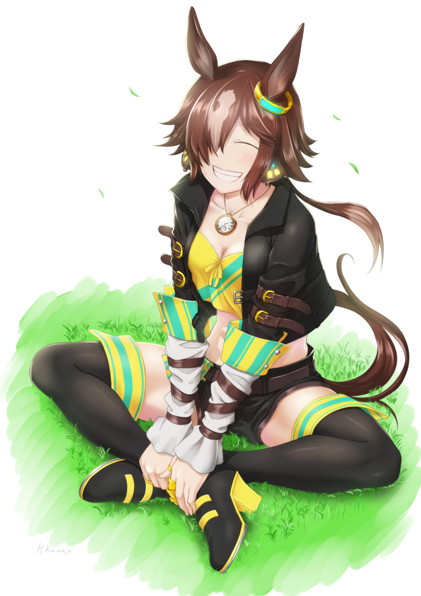 1girl :d animal_ears bangs belt black_footwear black_jacket black_shorts boots breasts brown_hair cleavage closed_eyes full_body grass grin hair_over_one_eye highres horse_ears horse_girl horse_tail indian_style jacket kawajuu long_hair long_sleeves open_mouth ponytail shirt shorts simple_background sitting smile solo stopwatch_around_neck tail teeth thigh_boots umamusume vodka_(umamusume) white_background yellow_shirt