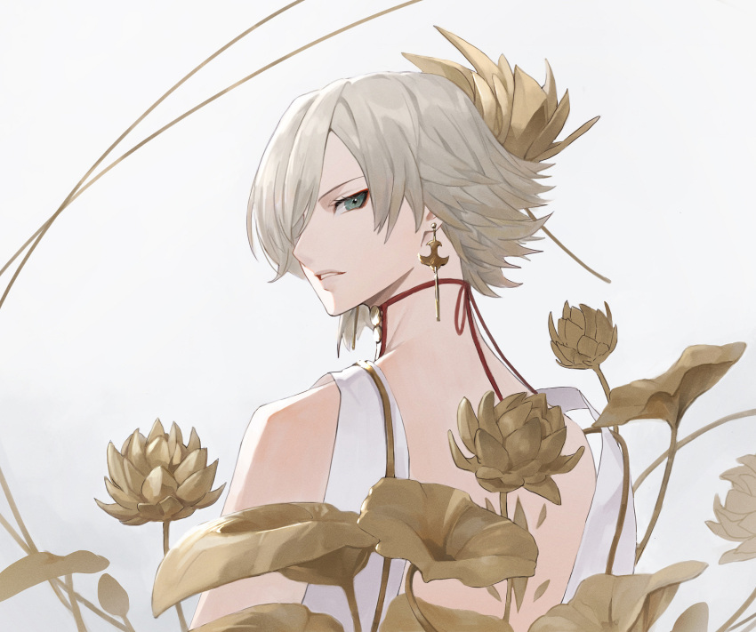 1boy bare_pectorals bishounen bisque blonde_hair choker earrings flower green_eyes hair_over_one_eye highres japanese_clothes jewelry looking_at_viewer lotus lotus_hair_ornament male_focus onmyoji pectorals red_ribbon ribbon ribbon_choker shikigami short_hair solo string_choker taishakuten_(onmyoji)