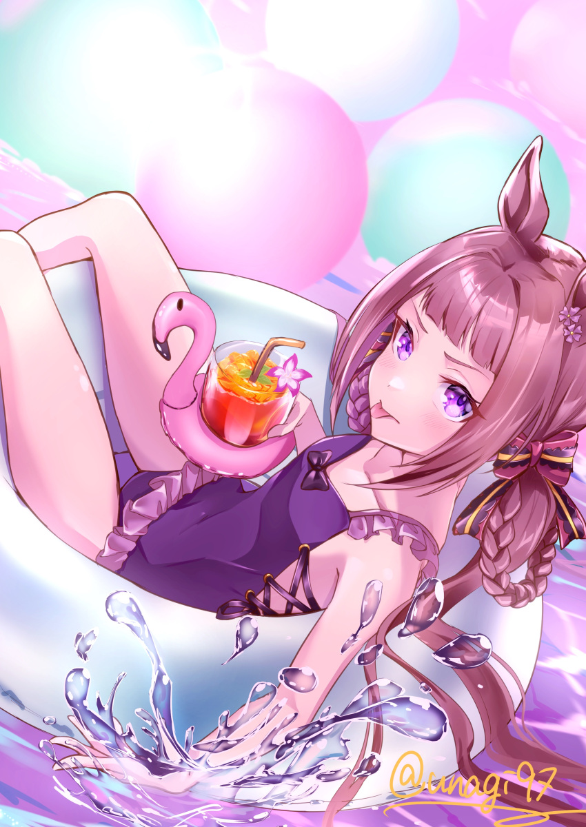 1girl :p absurdres animal_ears bangs blush bow breasts brown_hair casual_one-piece_swimsuit collarbone cup drinking_straw feet_out_of_frame hair_bow hair_rings highres holding holding_cup horse_ears innertube long_hair looking_at_viewer one-piece_swimsuit purple_eyes purple_swimsuit sitting small_breasts sodemaru_unagi solo splashing sweep_tosho_(umamusume) swimsuit tongue tongue_out twintails twitter_username umamusume water