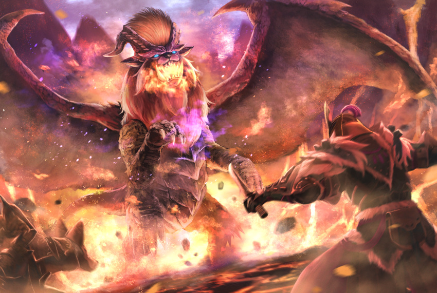 3boys absurdres blue_eyes boss dragon highres hunter_(monster_hunter) hunting molten_rock monster_hunter_(series) multiple_boys numaguro_(tomokun0808) sparks teostra wings