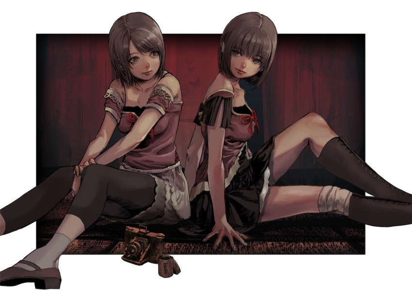 2girls amakura_mayu amakura_mio bandaged_leg bandages breasts brown_eyes brown_hair camera closed_mouth dress fatal_frame fatal_frame_2 gauss_&lt;bokashi multiple_girls pantyhose short_hair siblings sisters skirt smile twins