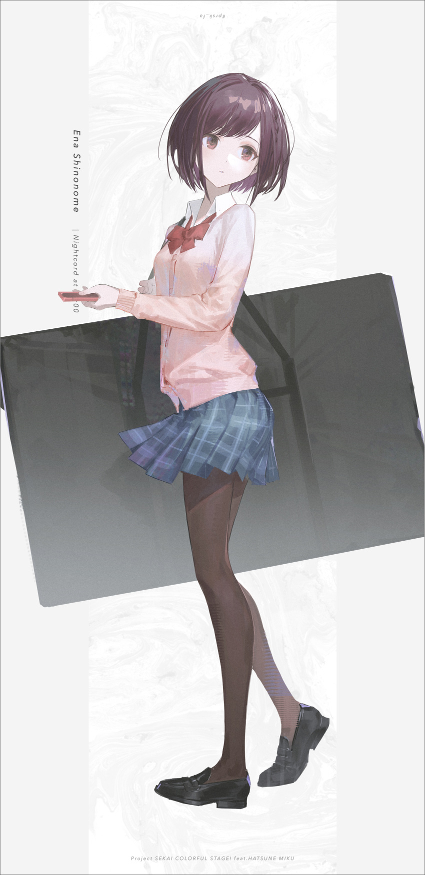 1girl absurdres bag black_footwear blue_skirt bow bowtie braid brown_eyes brown_hair brown_pantyhose cardigan cellphone commentary contrapposto full_body highres holding holding_bag holding_phone kamiyama_high_school_uniform_(sekai) loafers long_sleeves looking_to_the_side pantyhose parted_lips phone plaid plaid_skirt pleated_skirt project_sekai red_bow red_bowtie reoen shinonome_ena shoes short_hair skirt smartphone solo yellow_cardigan