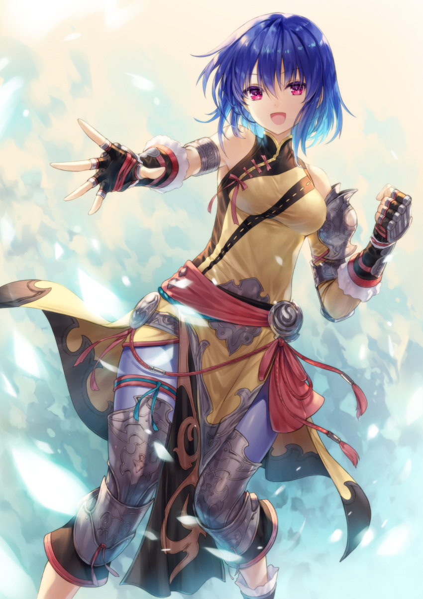 1girl :d absurdres armlet armor avatar_(ff14) bangs bare_shoulders black_gloves blue_background blue_hair blue_pants china_dress chinese_clothes clenched_hand collared_dress colored_eyelashes detached_sleeves dress dutch_angle elbow_gloves falling_petals feet_out_of_frame final_fantasy final_fantasy_xiv fingerless_gloves fur-trimmed_gloves fur_trim gauntlets gloves glowing_petals greaves hair_between_eyes highres hirano_katsuyuki hyur looking_at_viewer monk_(final_fantasy) open_mouth outstretched_arm outstretched_hand pants pauldrons pelvic_curtain petals pink_eyes red_sash sash short_hair shoulder_armor single_detached_sleeve single_pauldron smile solo standing tassel thigh_strap two-tone_background wind wind_lift yellow_background yellow_dress