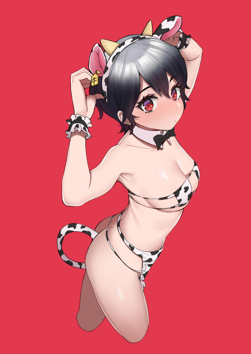 1girl absurdres animal_ears animal_print armpits ass bikini black_bow black_bowtie black_hair blush bow bowtie breasts chinese_zodiac cleavage closed_mouth commentary cow_ears cow_horns cow_print cow_tail cowboy_shot cropped_legs detached_collar eyebrows_hidden_by_hair eyelashes eyepatch_bikini fake_animal_ears fake_horns fake_tail fatzhai from_above from_side highres horns looking_at_viewer medium_breasts original print_bikini red_background red_eyes short_hair simple_background solo standing string_bikini swimsuit tail wing_collar wrist_cuffs year_of_the_ox