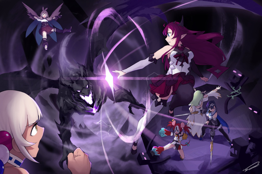 6+girls animal_ears asymmetrical_legwear battle bird_wings black_gloves black_hair black_thighhighs blonde_hair blue_eyes blue_hair brown_eyes brown_hair brown_skirt brown_wings ceres_fauna choker commentary dark-skinned_female dark_skin dasdokter demon_horns dual_wielding ender_dragon enderman english_commentary feather_hair_ornament feathers fingerless_gloves flying gloves glowing glowing_eyes green_hair hair_ornament hakos_baelz highres holding hololive hololive_english horns irys_(hololive) kicking long_sleeves minecraft mouse_ears mouse_girl mouse_tail multicolored_hair multiple_girls nanashi_mumei open_mouth ouro_kronii outstretched_arms pink_eyes pointy_ears purple_hair red_hair skirt streaked_hair tail thighhighs tsukumo_sana virtual_youtuber white_hair white_thighhighs wings yellow_eyes