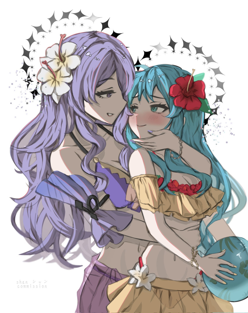 2girls ball bangs bare_shoulders beachball bikini blue_eyes blue_hair blush bracelet breasts camilla_(fire_emblem) cleavage eirika_(fire_emblem) fire_emblem fire_emblem:_the_sacred_stones fire_emblem_fates fire_emblem_heroes flower hair_flower hair_ornament hair_over_one_eye highres holding holding_ball holding_beachball hug hug_from_behind jewelry long_hair looking_at_another mariirasuto7 multiple_girls navel official_alternate_costume purple_eyes purple_hair purple_nails red_flower smile swimsuit white_flower yuri