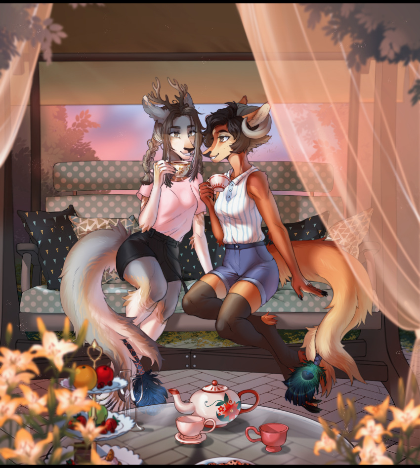 anthro antlers bench boots braided_hair brown_body brown_fur claws clothing collaboration container cup curtains day detailed_background female flower fluffy fluffy_tail food footwear fruit fur garden grey_body grey_fur grey_hair hair happy hi_res horn legwear light lighting outside penya pillow plant sahash shirt sleeveless_shirt sosya142 tea_cup teapot thigh_boots thigh_highs topwear