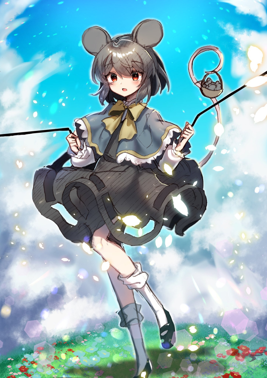 1girl animal_ears basket black_footwear blue_capelet blue_sky bobby_socks bow bowtie budou_zerii_98yen capelet cloud dowsing_rod dress full_body grey_dress grey_hair highres looking_at_viewer mouse mouse_ears mouse_girl mouse_tail nazrin open_mouth outdoors red_eyes short_hair sky socks tail touhou yellow_bow yellow_bowtie