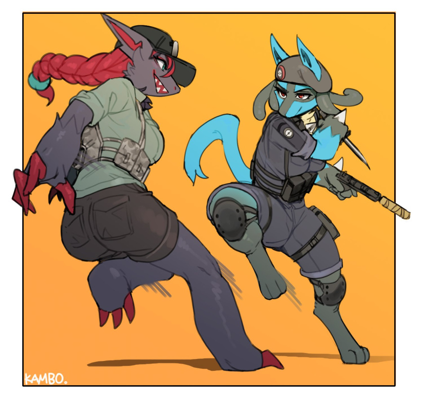 anthro ash_(rainbow_six) beret black_body black_fur blue_body blue_eyes blue_fur braided_hair caveira clothing female fur gun hair hand_spike handgun hat headgear headwear hi_res janjin192 knee_guards leg_strap lucario nintendo pistol pok&eacute;mon pok&eacute;mon_(species) rainbow_six:_siege ranged_weapon red_eyes red_hair tactical_gear video_games weapon zoroark