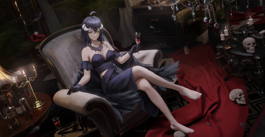 1girl absurdres ahoge albedo_(overlord) alcohol armchair artist_name bangs barefoot black_dress black_gloves black_hair black_wings blonde_hair bottle candle carpet chair chandelier closed_mouth crossed_legs cup detached_collar detached_sleeves dress drink drinking_glass dutch_angle feathered_wings feathers full_body glint gloves hair_between_eyes highres holding holding_cup horns indoors ling_dianxia long_hair looking_at_viewer mirror overlord_(maruyama) plant potted_plant shelf short_sleeves sitting skill smile solo strapless strapless_dress table teeth very_long_hair wine wine_glass wings