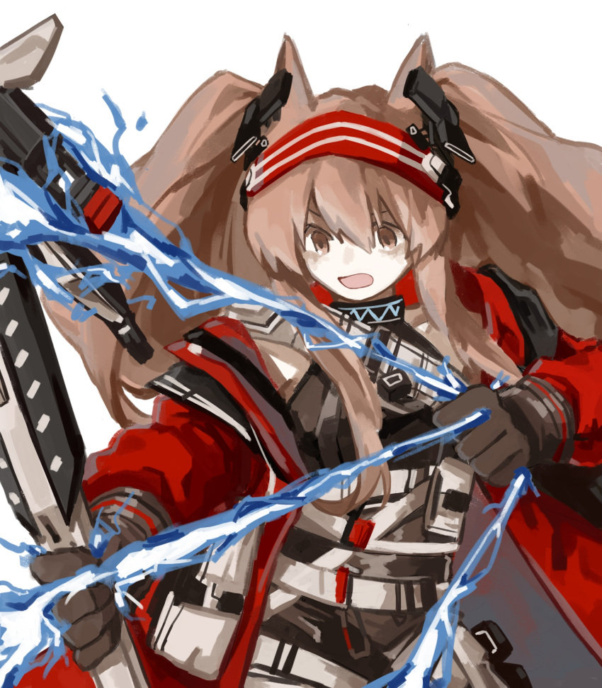 1girl angelina_(arknights) animal_ears arknights black_collar black_gloves black_shirt bow_(weapon) brown_eyes brown_hair collar drawing_bow earpiece energy_weapon fox_ears gloves hair_between_eyes hairband highres holding holding_bow_(weapon) holding_staff holding_weapon infection_monitor_(arknights) jacket long_hair long_sleeves open_clothes open_jacket open_mouth red_hairband red_jacket shirt sidelocks simple_background solo staff striped striped_hairband te_gong_fengmi_huangyou_la_regou twintails upper_body weapon white_background