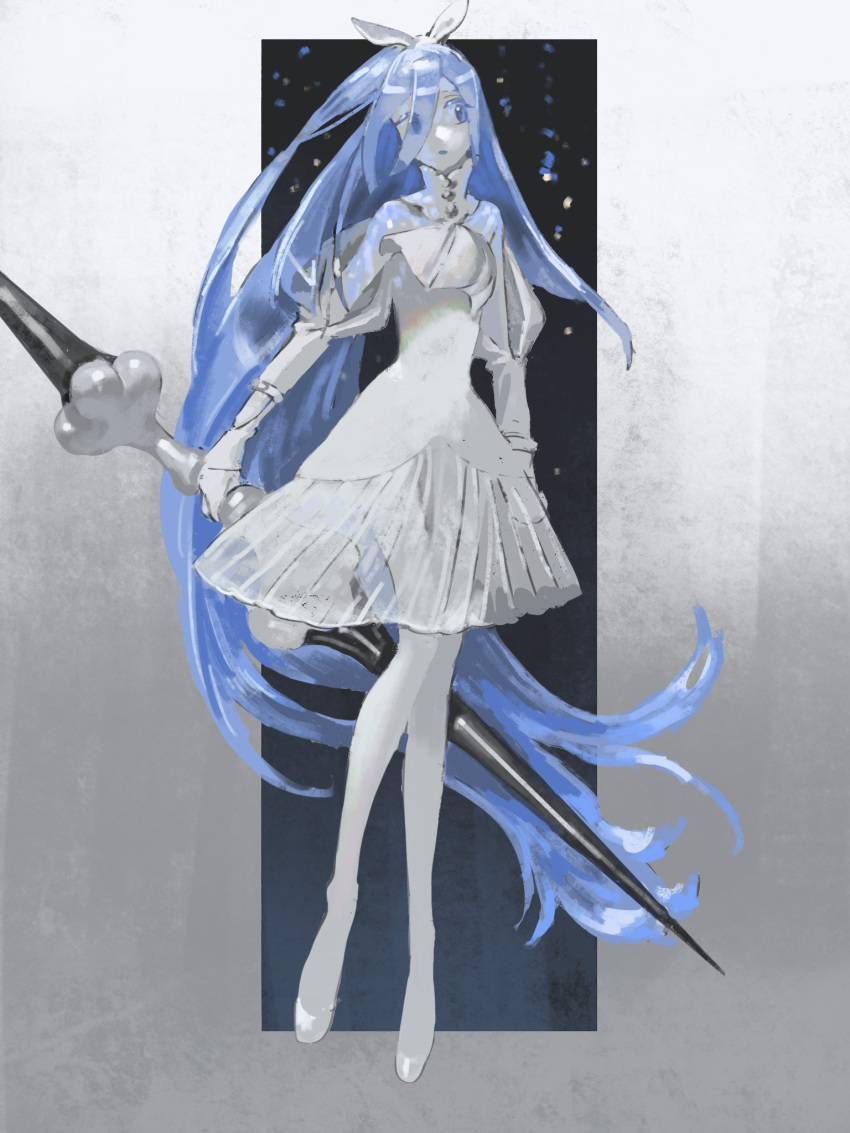 1other ascot blue_eyes blue_hair bow collared_dress colored_skin commentary_request crystal_hair dress eyes_visible_through_hair floating floating_hair full_body gradient gradient_background grey_background gyakumushi hair_bow hair_over_one_eye highres holding holding_weapon houseki_no_kuni juliet_sleeves long_hair long_sleeves looking_away original other_focus pantyhose parted_lips puff_and_slash_sleeves puffy_sleeves see-through shoes sideways_glance solo very_long_hair weapon white_ascot white_background white_bow white_dress white_footwear white_pantyhose white_skin