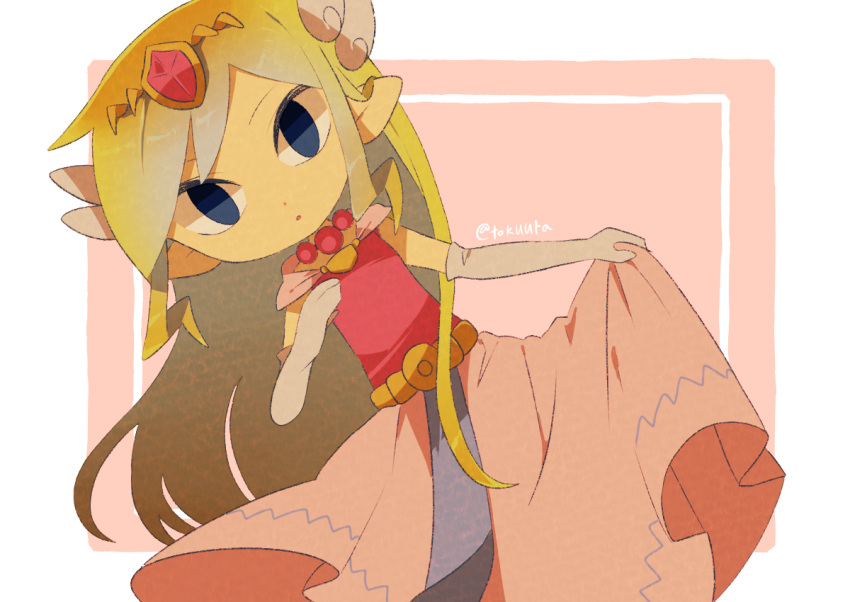 1girl artist_name back belt blonde_hair blue_eyes blush dress floating_hair gloves jewelry long_hair looking_at_viewer multicolored_hair necklace pink_dress princess_zelda solo the_legend_of_zelda the_legend_of_zelda:_spirit_tracks the_legend_of_zelda:_the_wind_waker tiara tokuura