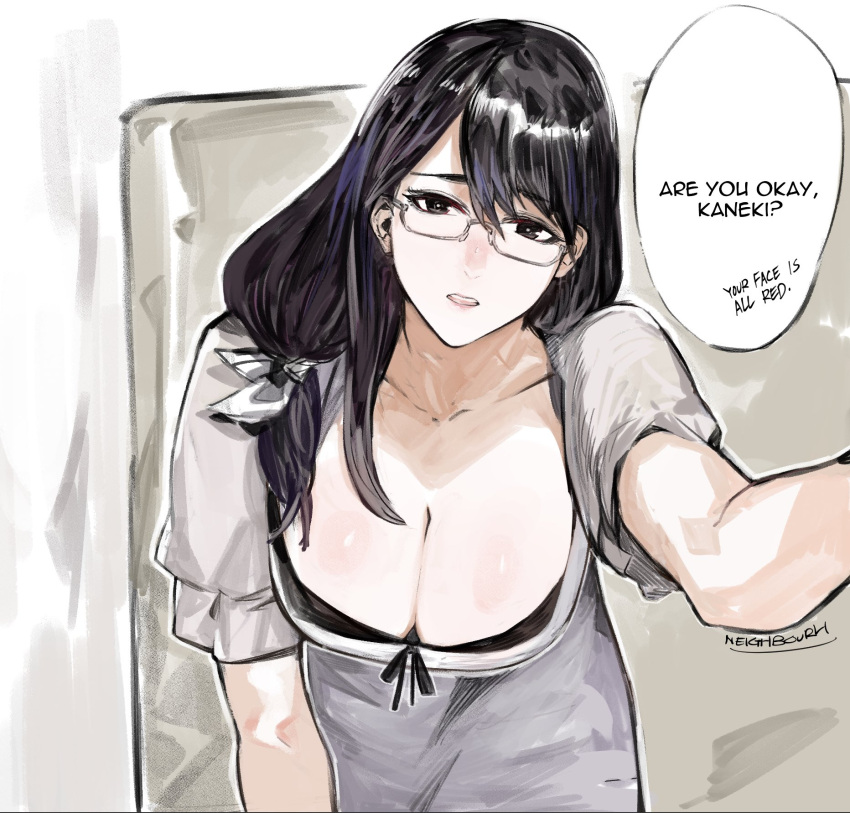 1girl black_eyes black_hair breasts cleavage collarbone dress english_text grey_dress hair_behind_ear hair_ribbon highres kamishiro_rize large_breasts leaning_forward looking_at_viewer parted_lips ribbon solo speech_bubble tokyo_ghoul white_ribbon yourfreakyneighbourh