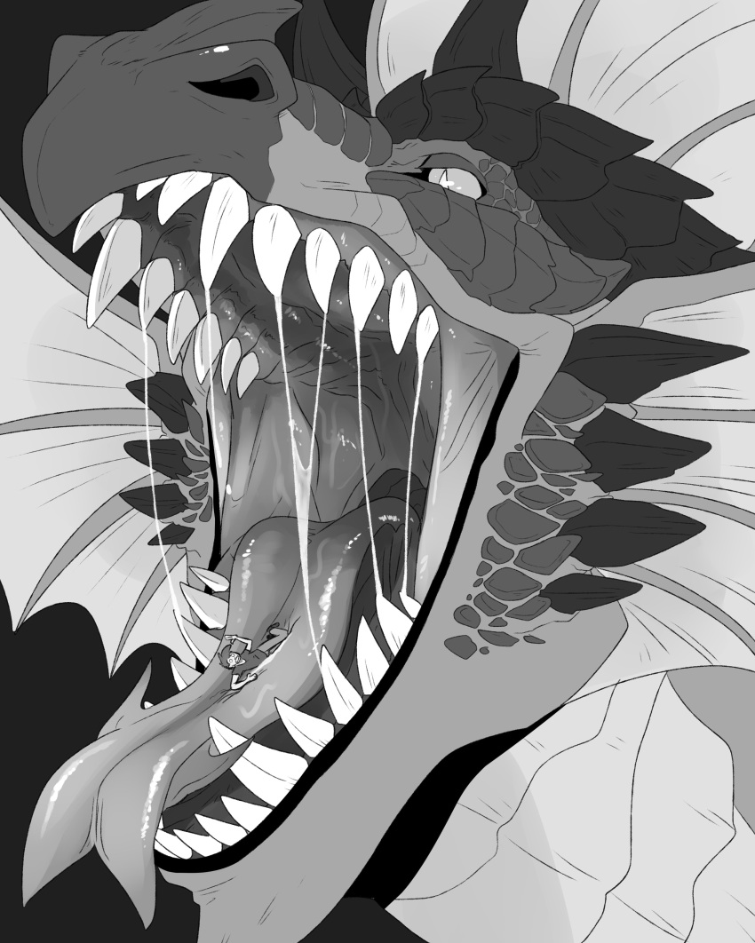 absurd_res bodily_fluids bottomwear clothing dragon forked_tongue front_view glistening glistening_eyes glistening_tongue greyscale headshot_portrait hi_res human imminent_vore imperatorcaesar mammal monochrome mouth_shot on_tongue open_mouth pants portrait pupils saliva saliva_string sharp_teeth shirt simple_background slit_pupils t-shirt teeth tongue tongue_out topwear