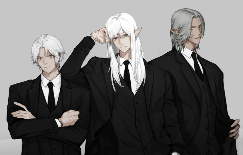 3boys bangs black_jacket black_suit crossed_arms estinien_varlineau facial_mark facial_tattoo final_fantasy final_fantasy_xiv formal grey_background grey_eyes grey_hair hair_between_eyes hand_in_own_hair highres hoi_star jacket long_hair looking_at_viewer male_focus medium_hair multiple_boys neck_tattoo necktie parted_bangs pointy_ears scar scar_on_hand shirt short_hair suit tattoo thancred_waters upper_body urianger_augurelt waistcoat watch white_hair white_shirt wristwatch yellow_eyes