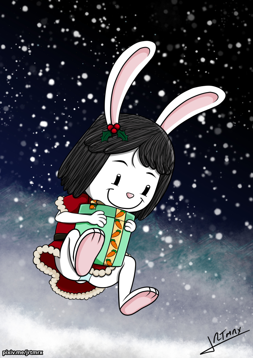 absurd_res accessory anthro black_hair christmas christmas_clothing christmas_present clothed clothing dot_eyes elinor_rabbit elinor_wonders_why eyebrows female hair hair_accessory hi_res holidays jrtmrx jumping lagomorph leporid mammal mistletoe night panties pink_nose plant rabbit scut_tail short_hair short_tail smile snow snowing solo underwear white_body white_clothing white_panties white_underwear