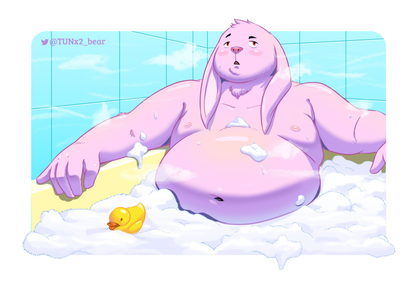 2022 anthro bathing bathtub belly big_belly blush detailed_background hi_res humanoid_hands kemono lagomorph leporid male mammal moobs navel nipples overweight overweight_male rabbit rubber_duck solo tunx2