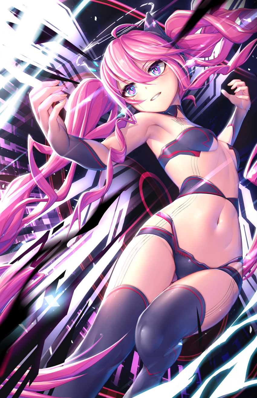 1girl absurdres ahoge armpits bangs bare_shoulders bemani bikini black_bikini black_collar black_footwear black_sleeves blush boots breasts cat_ear_headphones collar commentary_request detached_sleeves grace_(sound_voltex) hair_between_eyes headphones highres long_hair milia_simohayha navel parted_lips pink_eyes pink_hair purple_eyes sidelocks small_breasts solo sound_voltex stomach strapless strapless_bikini swimsuit thigh_boots thighhighs twintails very_long_hair