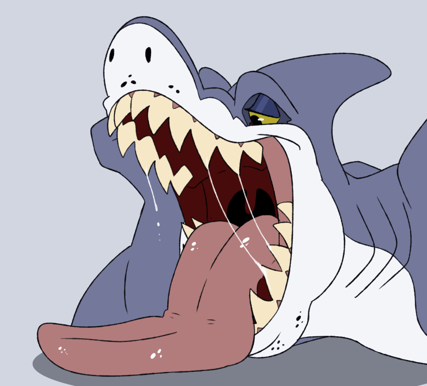 absurd_res anthro bodily_fluids dripping fish glistening glistening_eyes grey_background half-closed_eyes hi_res imperatorcaesar lying male marine mouth_shot narrowed_eyes on_front open_mouth red_tongue saliva saliva_drip saliva_string shadow shark sharp_teeth simple_background solo tan_teeth teeth tongue tongue_out
