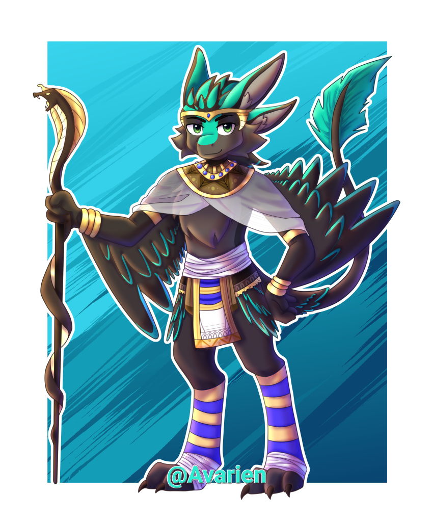 4_ears 5:6 absurd_res anthro avali avarien borg clothed clothing egyptian feathers feet female fur hi_res looking_at_viewer multi_ear simple_background solo winged_arms wings