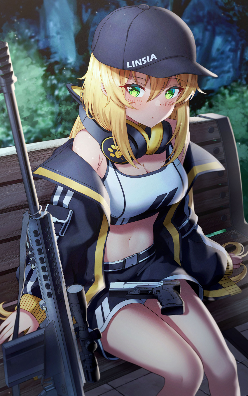 1girl absurdres anti-materiel_rifle armpit_crease artist_request bare_shoulders barrett_m82 baseball_cap belt bench black_headwear black_jacket black_shorts blonde_hair breasts cleavage closed_mouth commission crop_top feet_out_of_frame green_eyes gun handgun hat headphones headphones_around_neck highres jacket large_breasts long_hair long_sleeves looking_at_viewer midriff navel night off_shoulder open_clothes open_jacket original outdoors park_bench rifle scope second-party_source shirt short_shorts shorts sitting sleeveless sleeveless_shirt sniper_rifle solo stomach thighs very_long_hair weapon weapon_request white_shirt