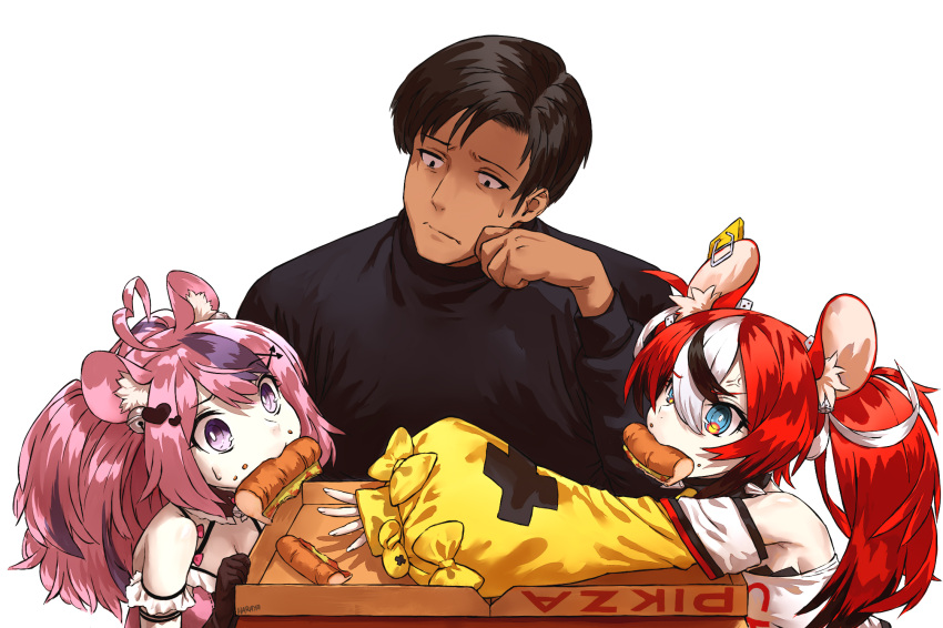 1boy 2girls ahoge animal_ears bare_shoulders black_collar black_gloves black_hair collar crop_top detached_sleeves dice_hair_ornament doodle gigguk gloves hair_ornament hakos_baelz haraya_manawari heart heart_ahoge heart_hair_ornament highres hololive hololive_english ironmouse long_sleeves midriff mouse_ears mouse_girl mousetrap mouth_hold multicolored_hair multiple_girls off-shoulder_shirt off_shoulder pink_hair pizza_box purple_eyes purple_hair red_hair shirt single_glove spiked_collar spikes strapless strapless_shirt streaked_hair trash_taste twintails virtual_youtuber vshojo white_hair white_shirt