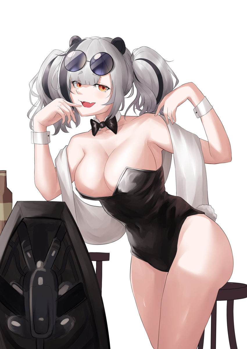 1girl absurdres alternate_costume animal_ears arknights black_bow black_bowtie black_hair black_leotard bow bowtie breasts cleavage collar cowboy_shot detached_collar eyewear_on_head fake_tail fangs feater_(arknights) grey_hair hands_up highres large_breasts leotard long_hair multicolored_hair open_mouth orange_eyes panda_ears panda_girl playboy_bunny rabbit_tail scarf short_eyebrows simple_background skin_fangs solo stool strapless strapless_leotard streaked_hair sunglasses tail thick_eyebrows thighs tofu_(killer150) twintails white_background white_collar white_scarf white_wrist_cuffs