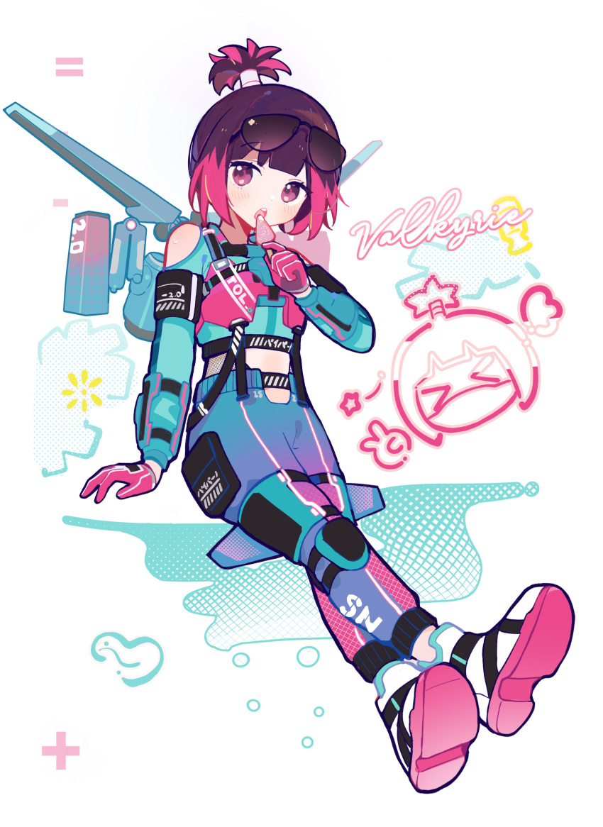 1girl absurdres apex_legends bangs blue_pants brown_hair clothing_cutout crossed_legs eyewear_on_head fluorescent_tech_valkyrie food gloves highres holding jetpack multicolored_hair official_alternate_costume pants pink_eyes pink_gloves pink_hair ponytail popsicle shoulder_cutout sitting smile solo streaked_hair sunglasses valkyrie_(apex_legends) yuuu_(maruunaka)