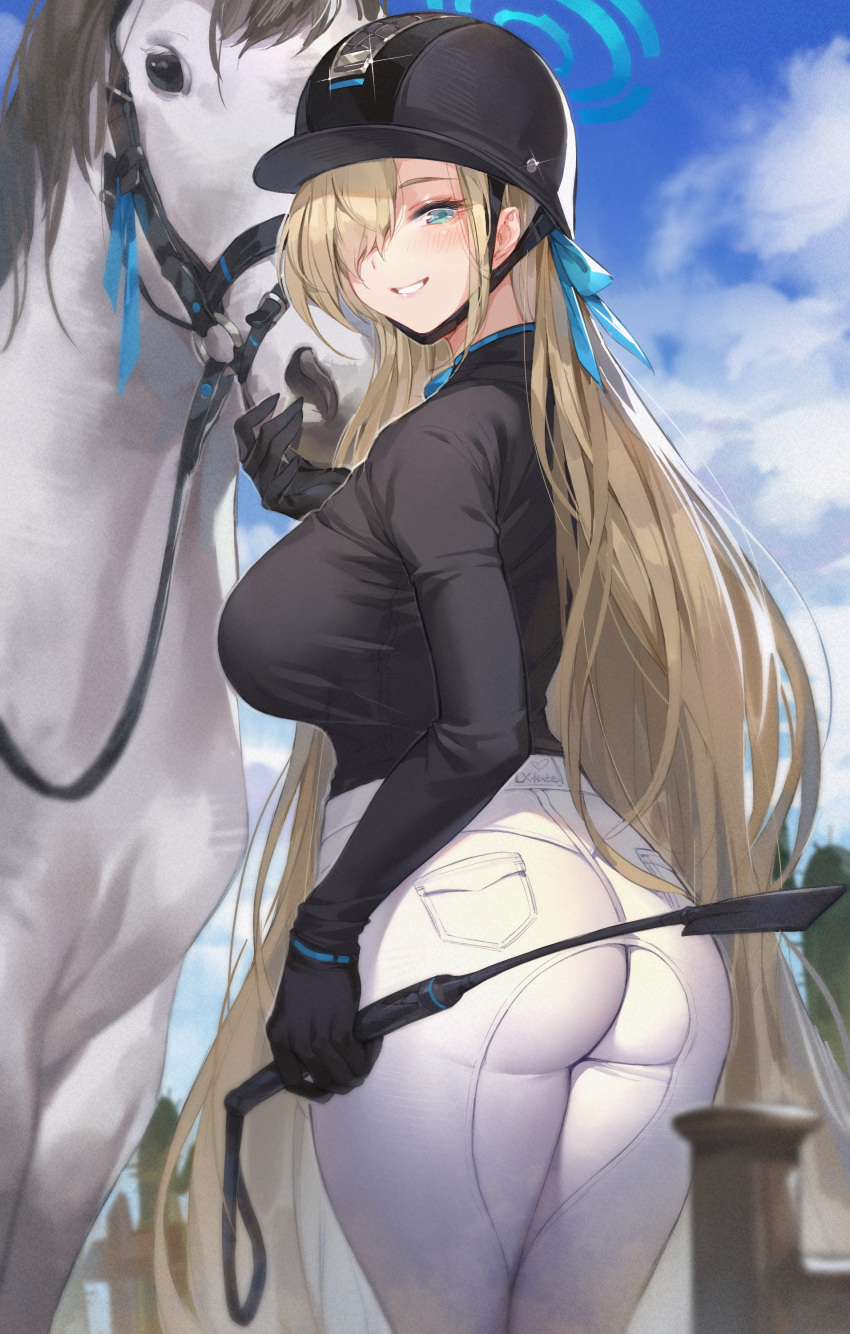 1girl :d absurdres alternate_costume animal ass asuna_(blue_archive) black_gloves blue_archive blue_eyes blue_ribbon blue_sky blush breasts brown_hair cowboy_shot day from_behind glint gloves grin hair_over_one_eye hair_ribbon halo helmet highres holding horse large_breasts long_hair long_sleeves looking_at_viewer looking_back lxkate outdoors pants parted_lips ribbon riding_crop sky smile solo tight tight_pants very_long_hair white_pants