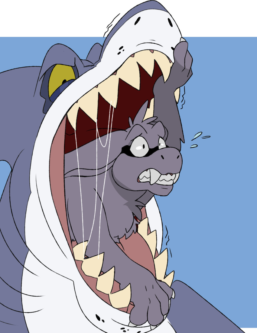 absurd_res anthro big_fangs bodily_fluids chest_tuft claws concerned duo finger_claws fish fur gills grey_body grey_fur grey_head hi_res imperatorcaesar in_mouth male marine open_mouth oral_vore red_tongue saliva saliva_string shark species_request tan_teeth tongue tuft vore white_body white_claws