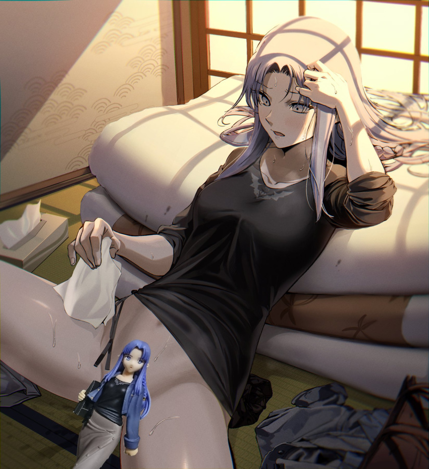 1girl after_masturbation bottomless censored clothes collarbone fate_(series) figure futon highres indoors looking_down medea_(fate) navel parted_lips purple_eyes purple_hair pussy_juice rasupekuto sleeves_rolled_up solo spread_legs sweat tissue tissue_box