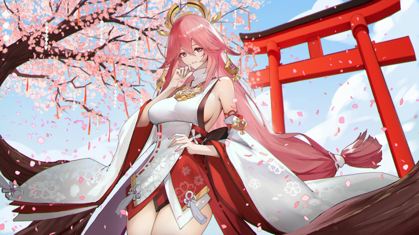 1girl absurdres animal_ears architecture arm_up bangs breasts cherry_blossoms earrings east_asian_architecture feet_out_of_frame fox_ears fox_girl genera-x genshin_impact hair_ornament highres japanese_clothes jewelry large_breasts light_smile long_hair looking_at_viewer miko open_mouth parted_lips petals pink_eyes pink_hair sideboob solo standing very_long_hair yae_miko