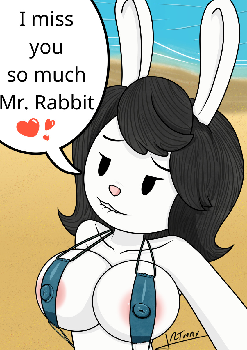 &lt;3 absurd_res anthro beach big_breasts bikini bite biting_lip biting_own_lip black_hair breasts clothing dialogue dot_eyes elinor_wonders_why english_text eyebrows female hair hi_res jrtmrx lagomorph leporid looking_at_viewer mammal mature_female nipple_outline nipples outside pink_nose rabbit ranger_rabbit sand seaside self_bite solo speech_bubble standing swimwear text water white_body